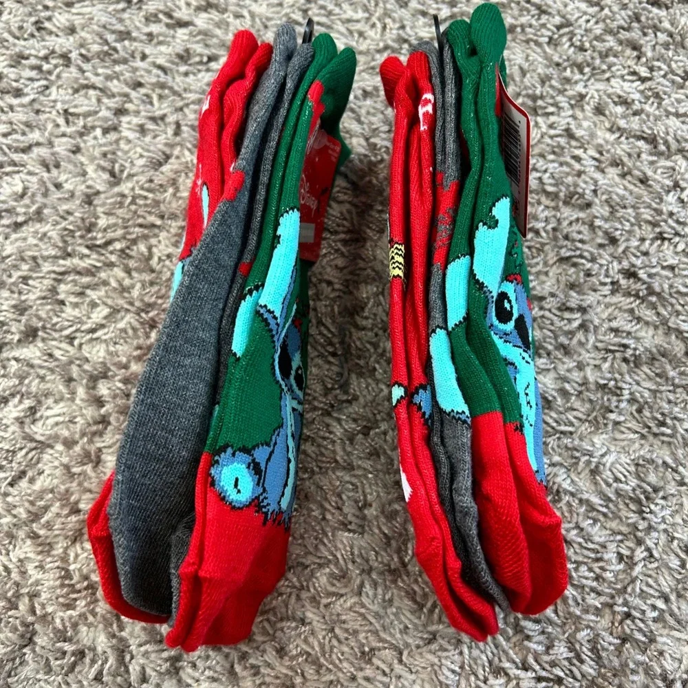 Disney Stitch No Show Socks Holiday Christmas Festive Hugs 6 Pair Shoe Size 4-10